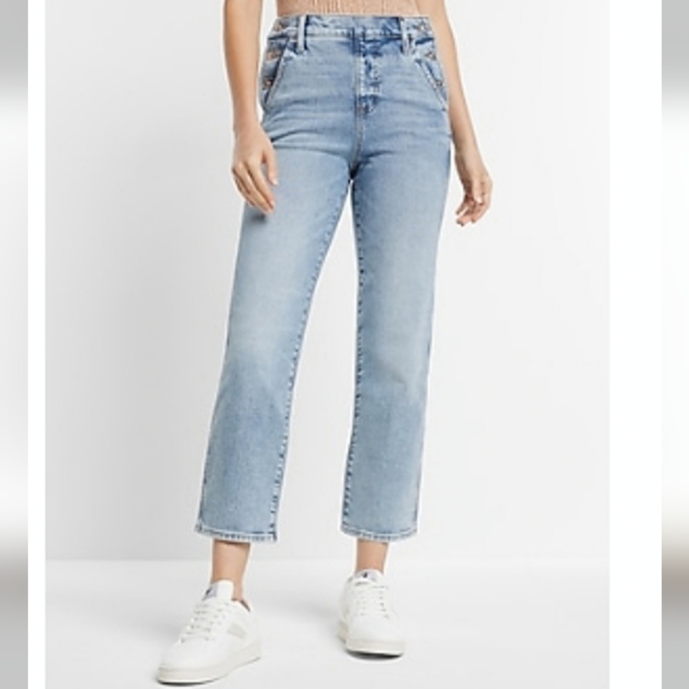 Express High Waisted Light Wash Side Button Straight Ankle Jeans